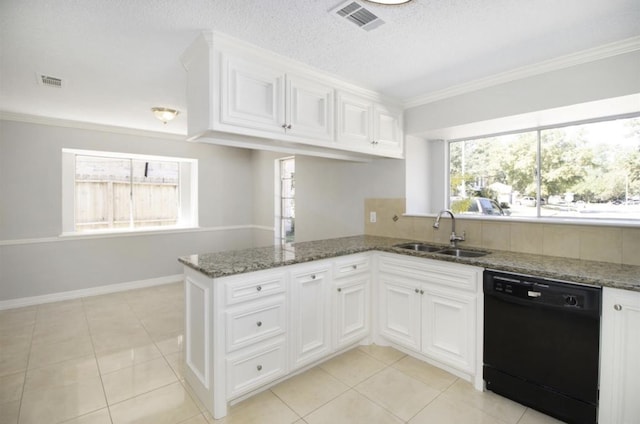 kitchen featuring sink, dark stone countertops, light tile flooring, and black dishwasher