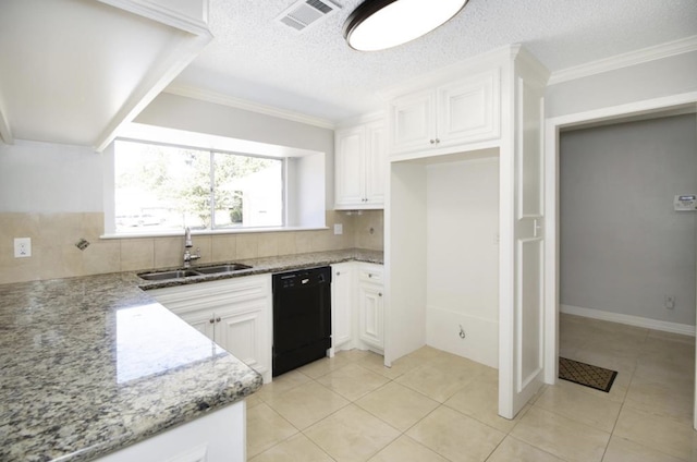 kitchen with sink, white cabinets, dishwasher, and light tile floors