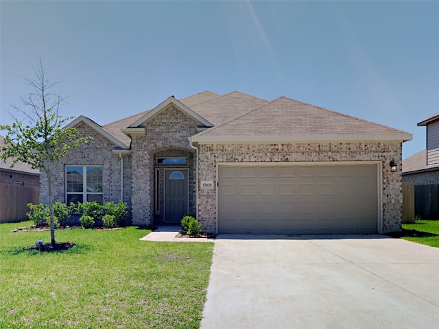 view of front of property featuring a front yard and a garage