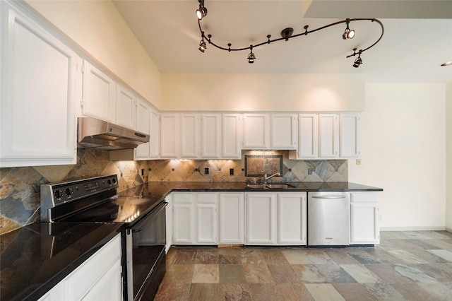 kitchen with dishwasher, backsplash, white cabinets, sink, and black range with electric cooktop