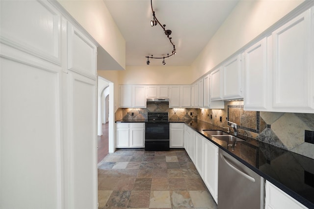 kitchen featuring decorative backsplash, stainless steel dishwasher, black range with electric stovetop, sink, and white cabinetry