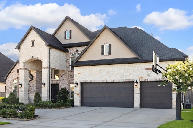 french country inspired facade with a garage