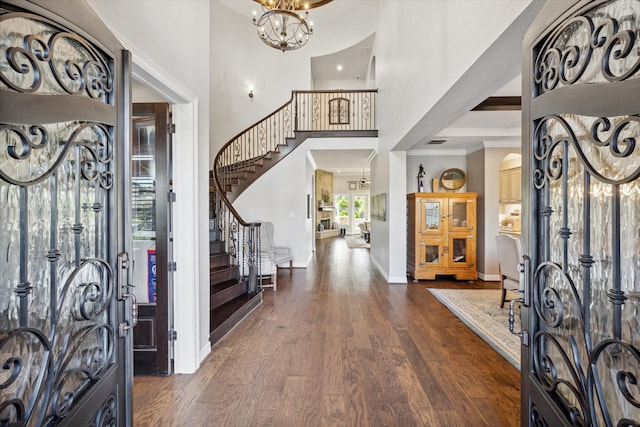 foyer featuring a chandelier, a high ceiling, and dark wood-type flooring