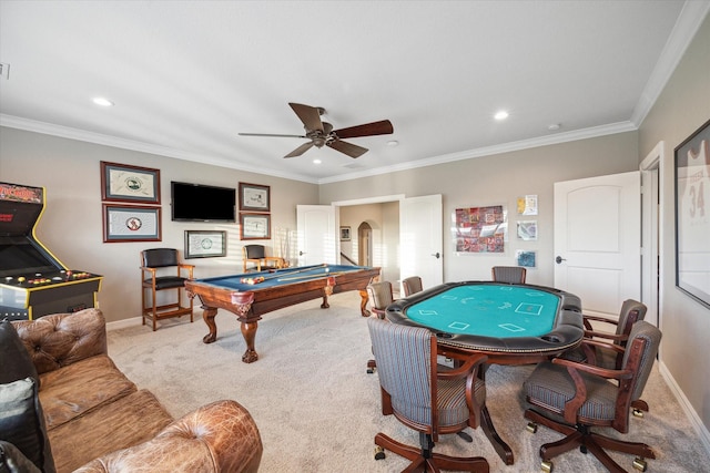 recreation room featuring crown molding, pool table, carpet, and ceiling fan