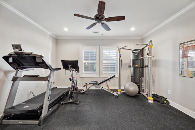 workout area featuring ceiling fan and ornamental molding