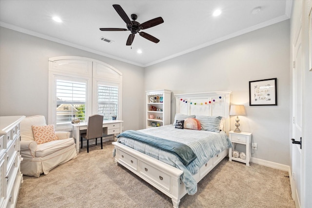 bedroom featuring light carpet, ceiling fan, and ornamental molding