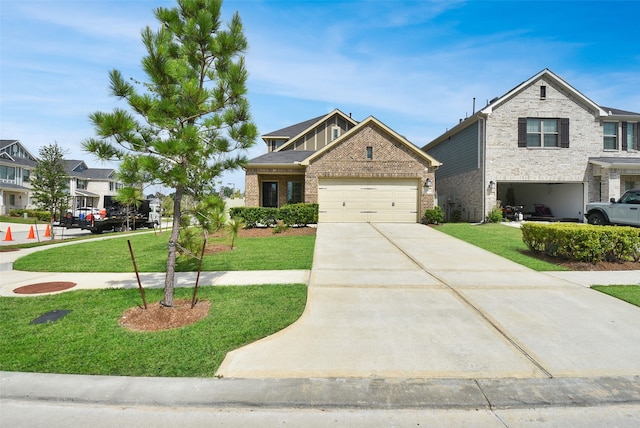 craftsman-style house featuring a garage and a front lawn