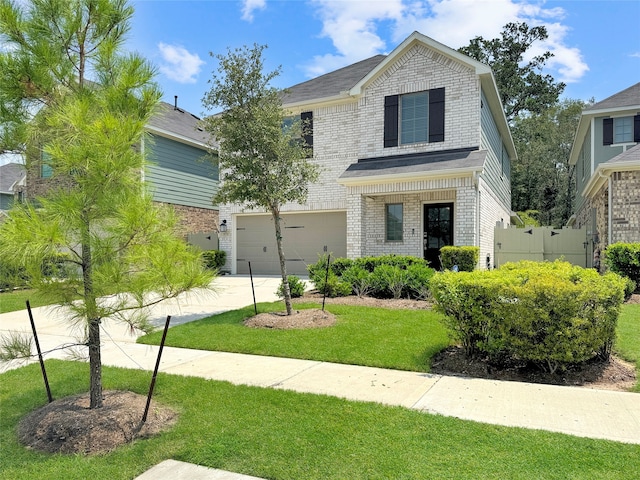 view of front of home with a garage and a front lawn