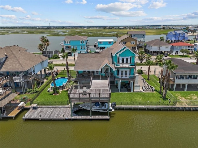 drone / aerial view with a water view