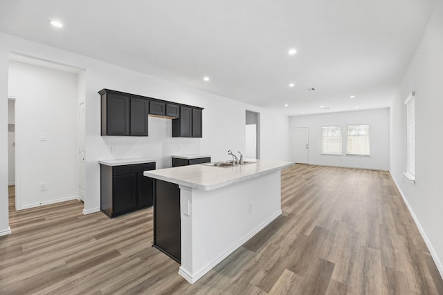 kitchen featuring sink, an island with sink, and hardwood / wood-style floors