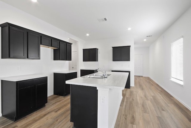 kitchen with sink, a kitchen island with sink, and wood-type flooring