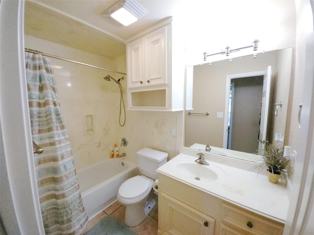 full bathroom featuring toilet, shower / bath combination with curtain, vanity, and tile patterned floors