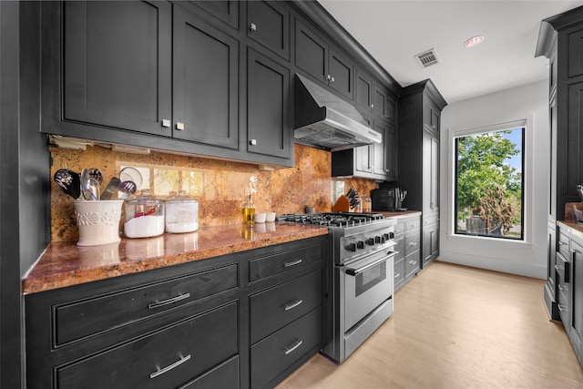 kitchen with premium range, stone counters, tasteful backsplash, and light wood-type flooring