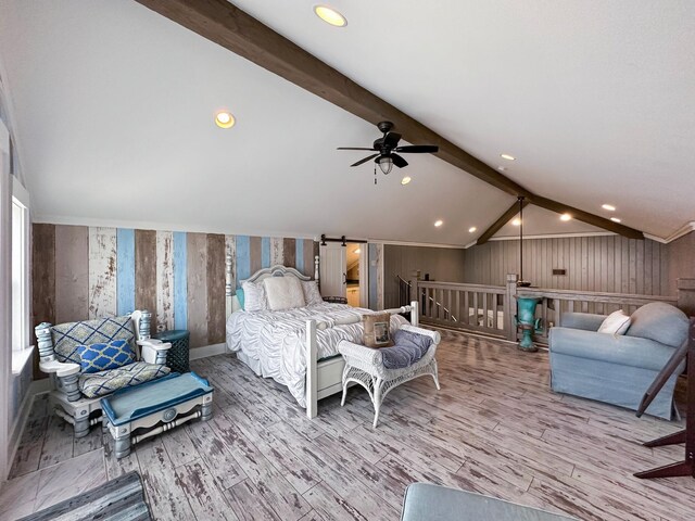 bedroom featuring ceiling fan, lofted ceiling with beams, and wood-type flooring