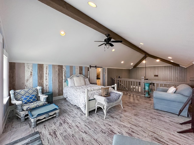 bedroom with vaulted ceiling with beams, hardwood / wood-style flooring, and wooden walls