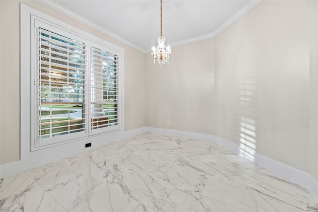 unfurnished room featuring a notable chandelier and crown molding