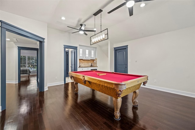 recreation room featuring pool table, ceiling fan, dark wood-type flooring, and bar