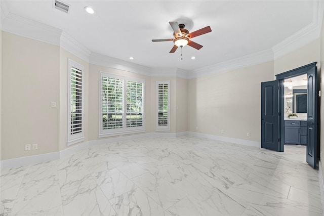 unfurnished room with ceiling fan and crown molding