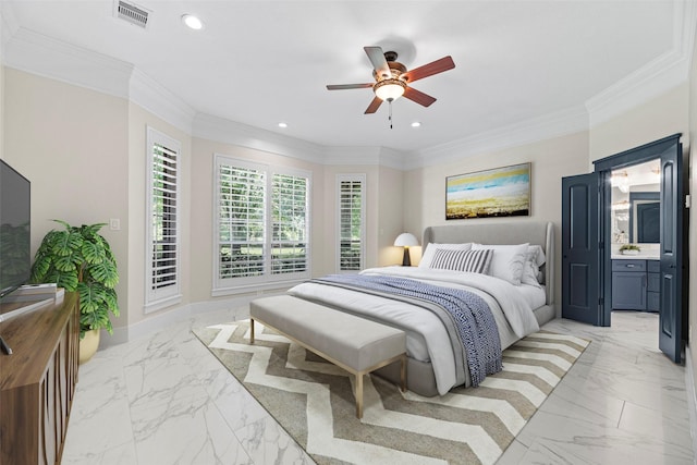 bedroom featuring ceiling fan, ornamental molding, and ensuite bath