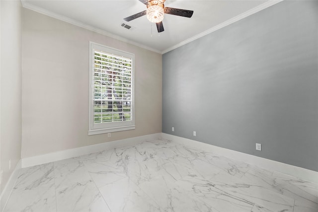 unfurnished room featuring ceiling fan and crown molding