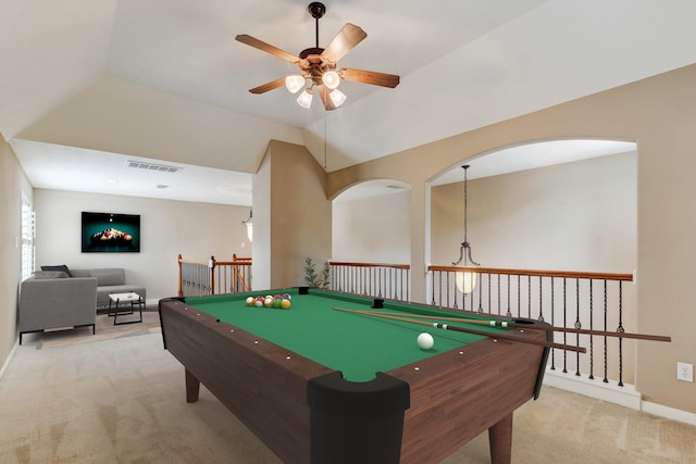 playroom featuring light colored carpet, ceiling fan, lofted ceiling, and billiards