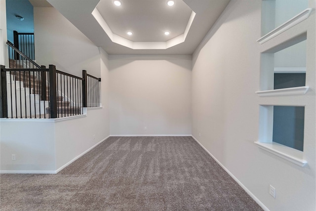 empty room with carpet and a raised ceiling