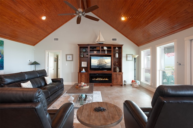 living room with light tile patterned floors, high vaulted ceiling, ceiling fan, and wood ceiling