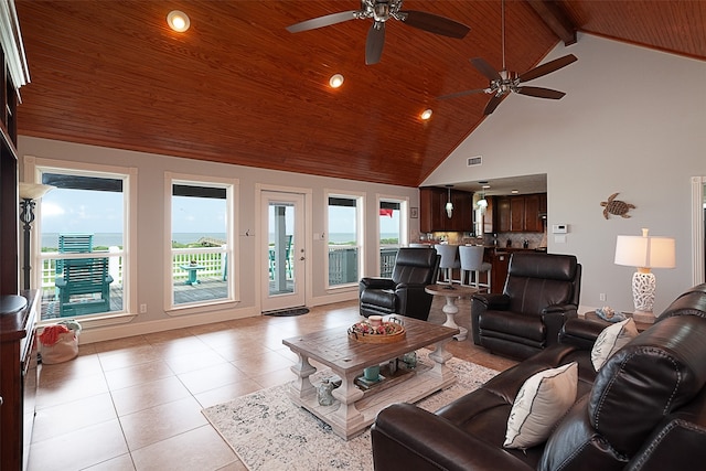 living room featuring high vaulted ceiling, ceiling fan, wood ceiling, and beamed ceiling