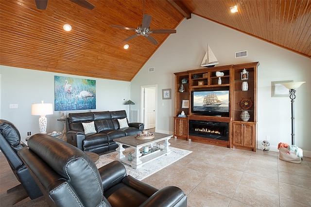 tiled living room with beam ceiling, high vaulted ceiling, ceiling fan, and wood ceiling