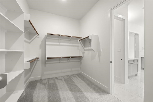 spacious closet featuring light colored carpet