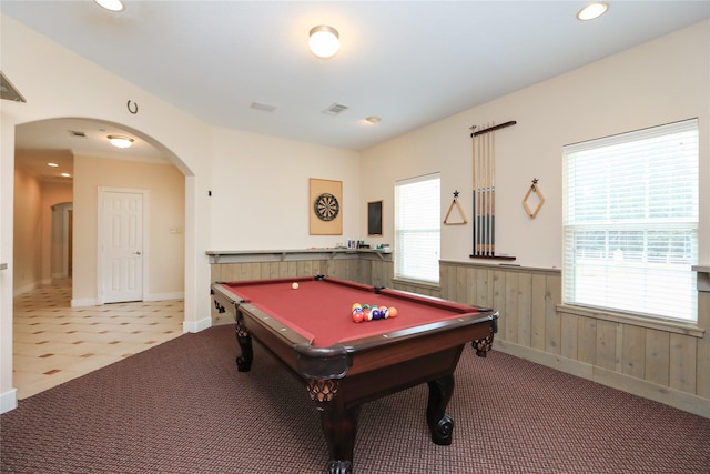 game room with carpet, a wealth of natural light, and pool table