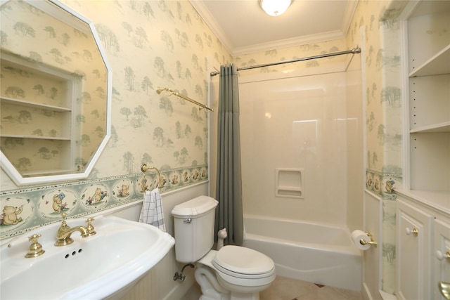 full bathroom featuring shower / bath combination with curtain, crown molding, sink, tile patterned flooring, and toilet