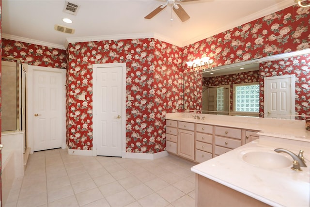 bathroom with tile patterned flooring, vanity, ceiling fan, and ornamental molding