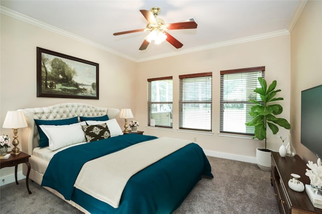 bedroom featuring ceiling fan, carpet floors, and crown molding