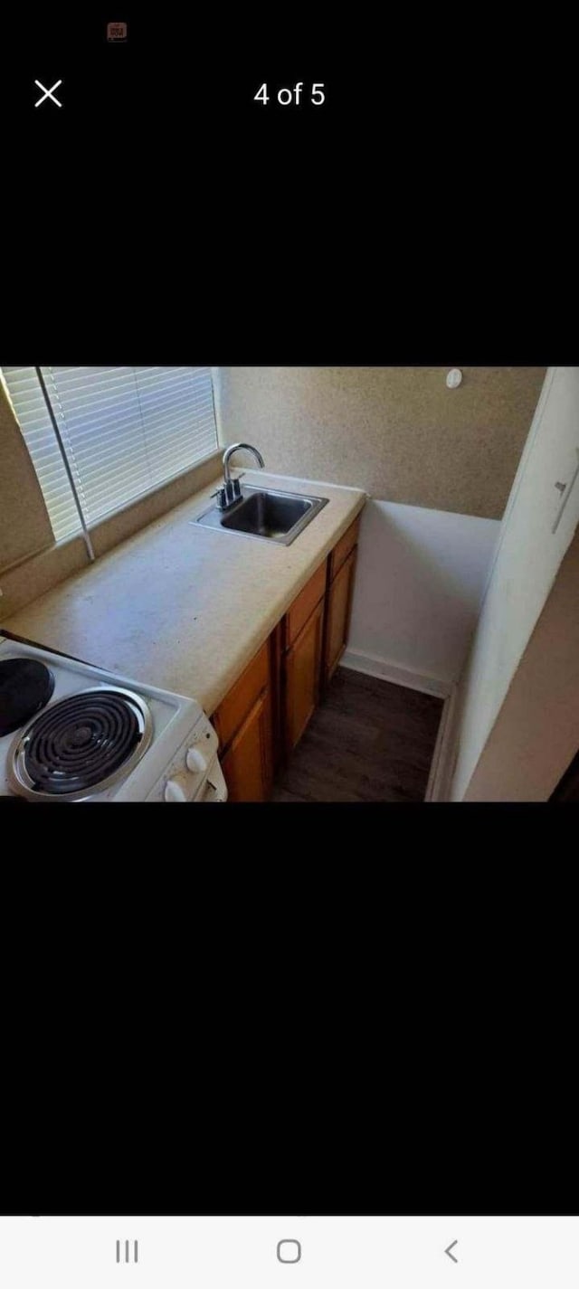 kitchen featuring white stove, dark hardwood / wood-style floors, and sink