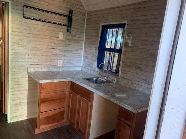 bar with light stone countertops, wood walls, sink, and dark hardwood / wood-style flooring