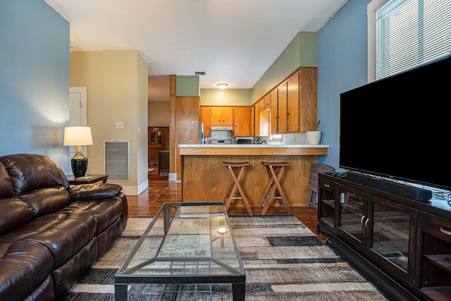 living room with dark wood-type flooring