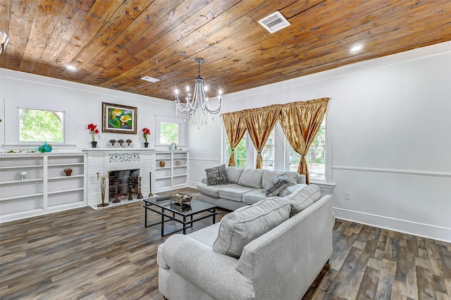 living room featuring a wealth of natural light, wooden ceiling, and dark hardwood / wood-style flooring