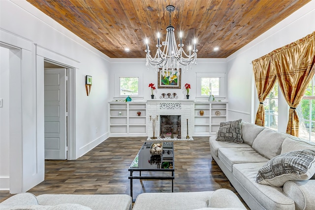 living room with plenty of natural light, wood ceiling, a notable chandelier, and dark hardwood / wood-style flooring