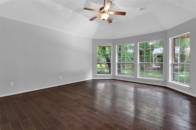 unfurnished room featuring ceiling fan, lofted ceiling, and dark wood-type flooring