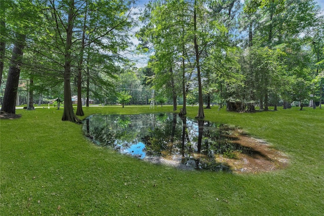 view of home's community featuring a lawn and a water view