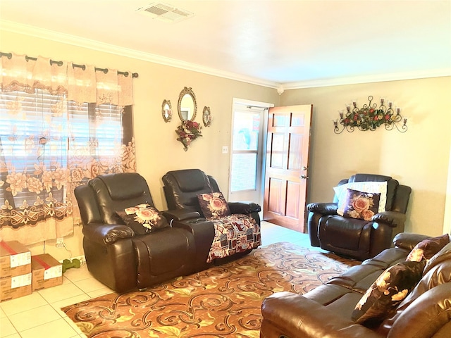 tiled living room featuring crown molding