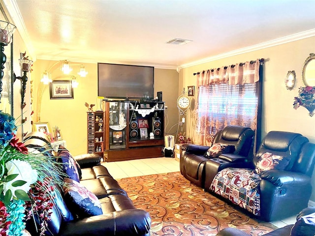 tiled living room with ornamental molding