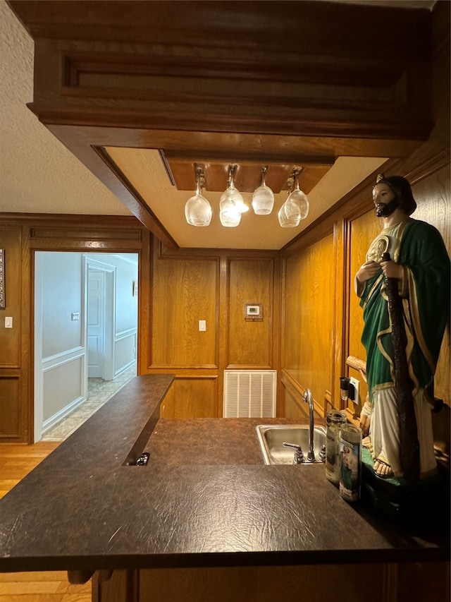 kitchen featuring sink, wood walls, and hardwood / wood-style floors