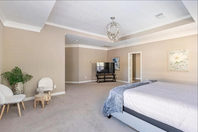 bedroom featuring light carpet, baseboards, visible vents, ornamental molding, and a chandelier