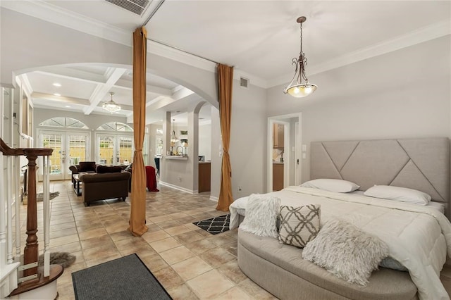 tiled bedroom with beam ceiling, ornamental molding, and coffered ceiling