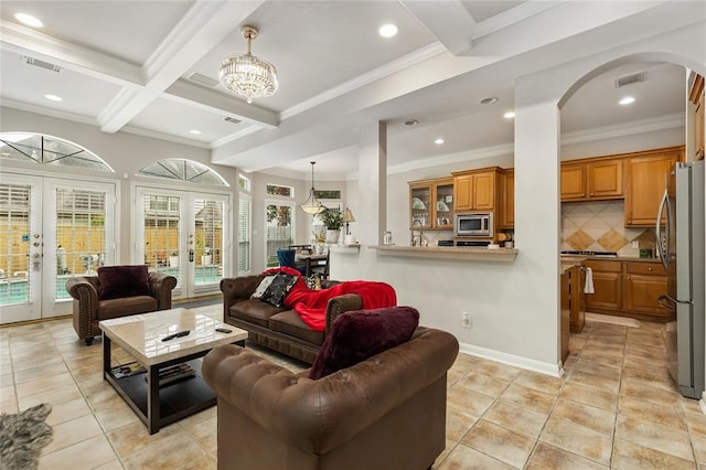 living room with crown molding, french doors, beam ceiling, coffered ceiling, and light tile floors