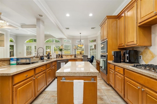 kitchen featuring a center island, backsplash, light tile flooring, and stainless steel appliances