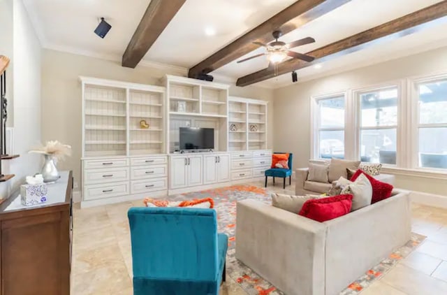 living room with ceiling fan, beam ceiling, ornamental molding, and light tile floors