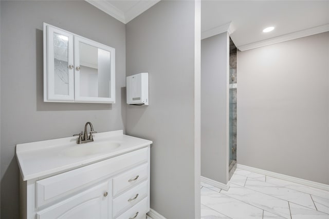 bathroom featuring crown molding, tile flooring, and vanity